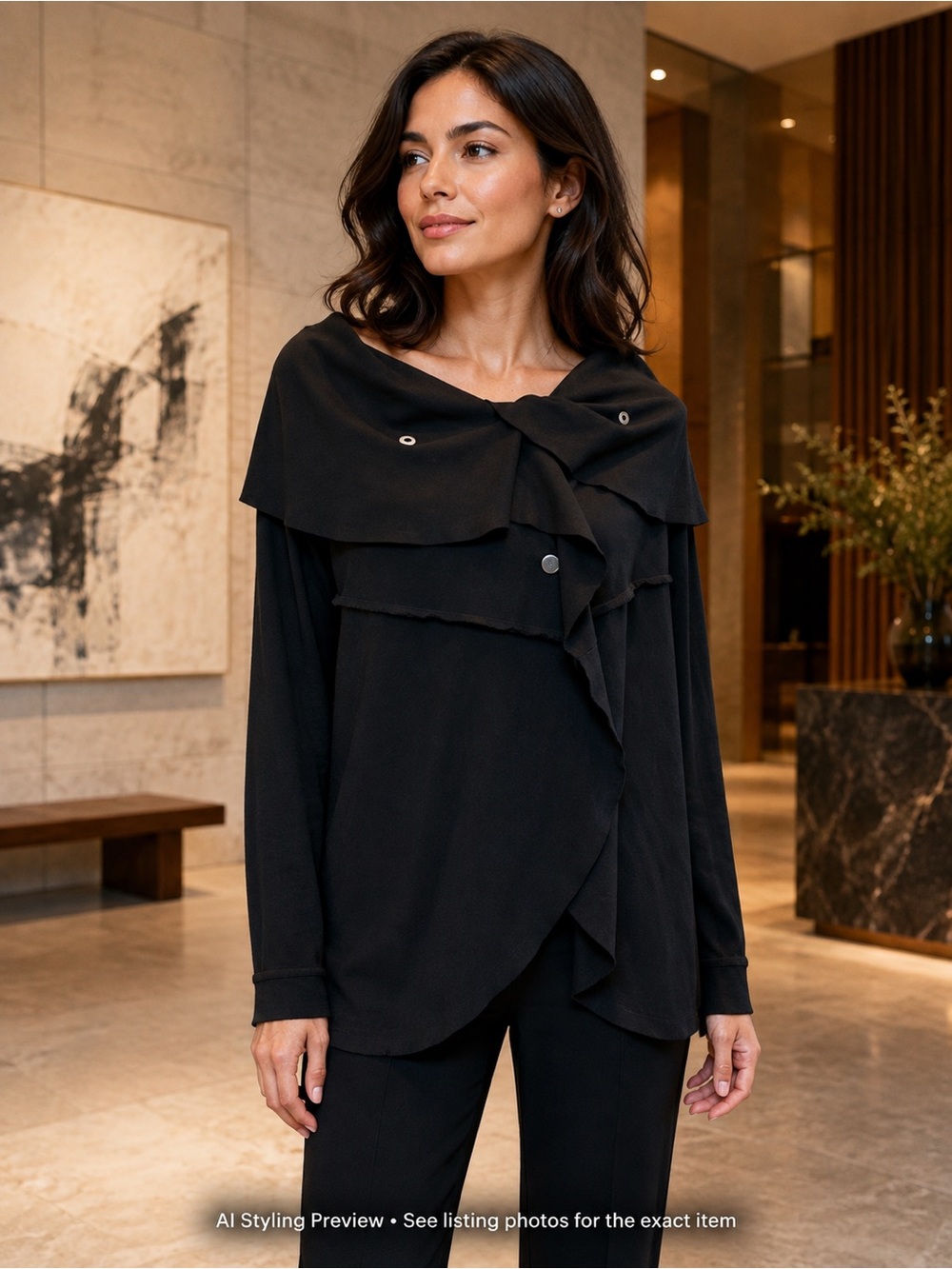 Kenzie Black Convertible Snap Shawl Collar Knit Top Women’s M Draped Wrap